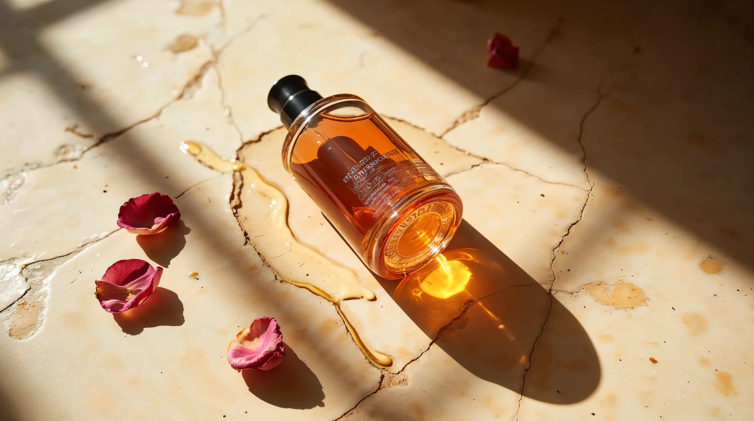 Editorial perfume bottle on aged travertine with rose petals