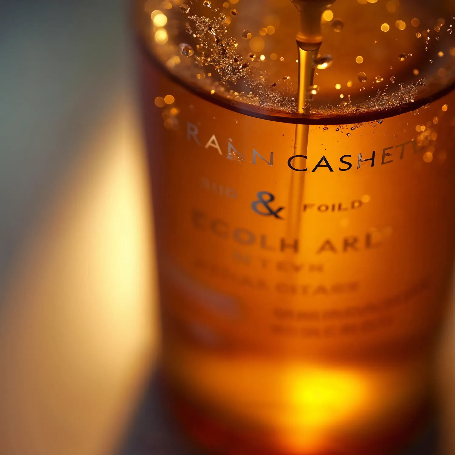 Macro of an amber skincare bottle label with gold foil