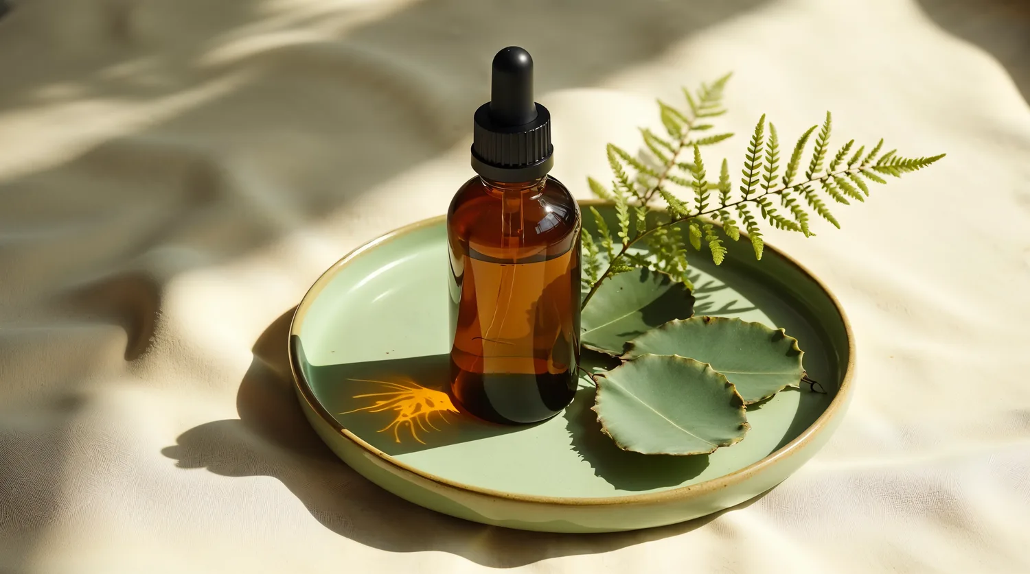 Editorial still life: amber dropper on sage ceramic plate with eucalyptus